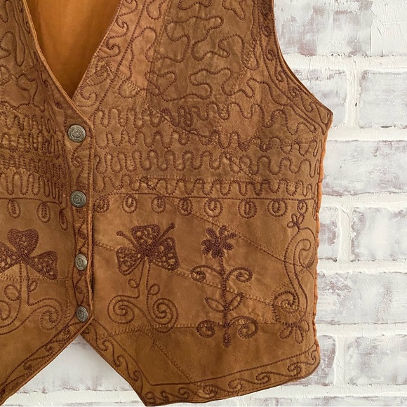 Vintage Suede Leather Vest • Brown Tan Embroidered Vintage Vest • AJ Leather - Picture 3 of 9